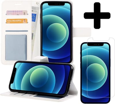 Hoesje - Met Screenprotector - Geschikt voor Apple iPhone 12 - Luxe Pasjeshouder - Flipcase - Bookcase Portemonee - Flip Case - Kunstleer Book Case - Book Cover - Walletcase - Portemonneehoes - Telefoonhoes - Wit