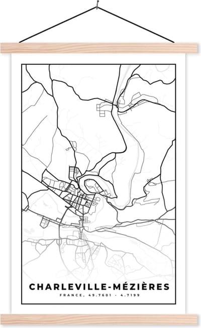 Posterhanger incl. Poster 40x60 cm - Schoolplaat - Charleville-Mézières - Stadskaart – Plattegrond – Kaart – Frankrijk - Zwart wit - Textielposter - Blanke latten - Stadskaart