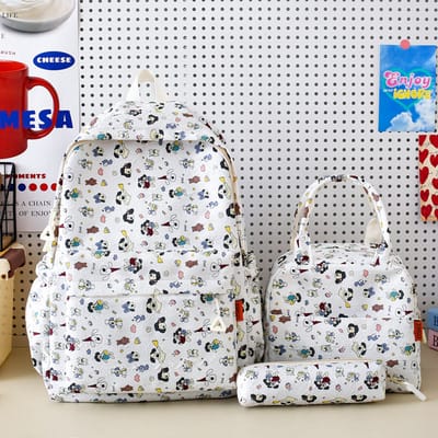 Rugzak Set Drie-delige - Wit met Kleurrijke Cartoon Details - Laptop Rugzak + Lunchbox + Pennenkoker - Nylon Materiaal - 42×30×14cm (Rugzak)