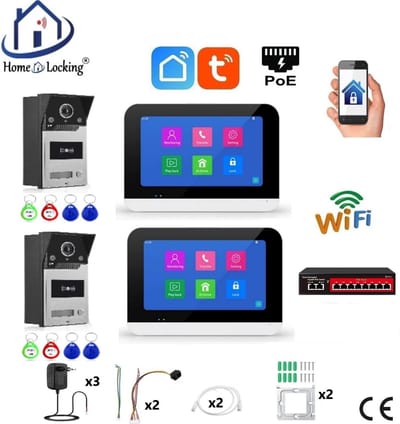 Smart WIFI deur intercom/videofoon touchscreen met bediening via Smart Life APP werkt met Alexa en Google spraaksturing. T-2302-2-2