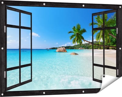 Gards Tuinposter Doorkijk Tropisch Strand en Zee - 120x80 cm - Tuindoek - Tuindecoratie - Wanddecoratie buiten - Tuinschilderij