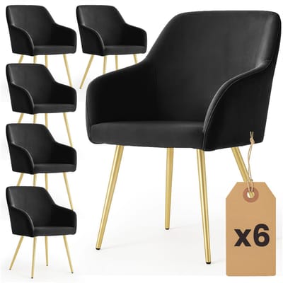 Set van 6 Eetkamerstoelen ESTELLE met Armleuningen / Gestoffeerde Stoelen / Fluwelen Stoelen en Metalen Poten / Zwart met gouden benen