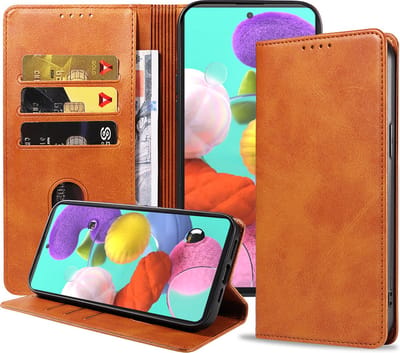 Smartphonica Samsung Galaxy A51 leren hoesje met magnetische sluiting en pashouders – Bruin geschikt voor Samsung Galaxy A51