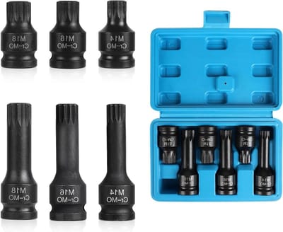 Set van 6 XZN steeksleutels 1/2 inch, M14, M16, M18 voor impacttools met opbergdoos, Cr-Mo, lange en korte multi-tand sleutels voor professioneel gebruik
