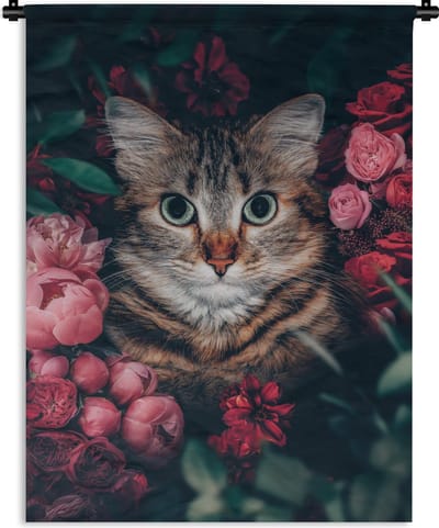 Wandkleed - Wanddoek - Kat - Bloemen - Bladeren - Botanisch - 90x120 cm - Wandtapijt