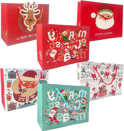 Kerstcadeauzakjes set van 6, papieren zakjes met handgrepen voor snoep, decoratie en feestelijke cadeaus