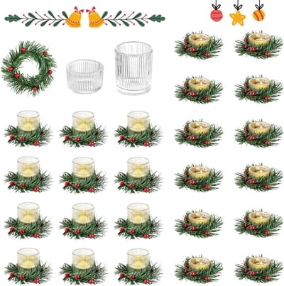24x Mini Votief Kaarshouders Glas met Geribbelde Rand en Kerst Kransringen Decoratie