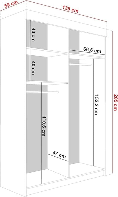 Schuifdeur Kledingkast met Spiegel 138x205x59 cm – Moderne Witte Garderobekast met Planken, Kledingroede & Spiegeldeur voor Slaapkamer & Hal