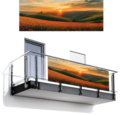 Balkonscherm 300x110 cm - Balkonposter Klaprozen - Bloemen - Heuvels - Zonsondergang - Balkon scherm decoratie - Balkonschermen - Balkondoek zonnescherm