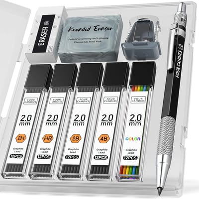 PromoHome Professionele 2MM Mechanische Potloodset met Etui - 3 Metal Potloden, 120 Lood Navullingen (HB, 2H, 2B, 4B, Kleur), Kneedbare Gum, Puntenslijper voor Tekenen, Schrijven en Schetsen