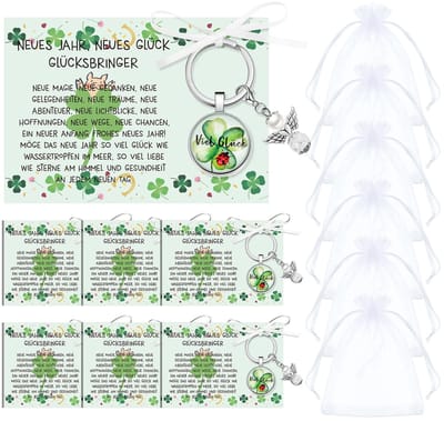 Dailygoods- Geluksbrengers Set van 16 - Sleutelhangers/Klavertje Vier - Nieuwjaarskaarten - Organza Zakjes - Lint 20 m - Hoogwaardige Materialen - Gelukscadeaus