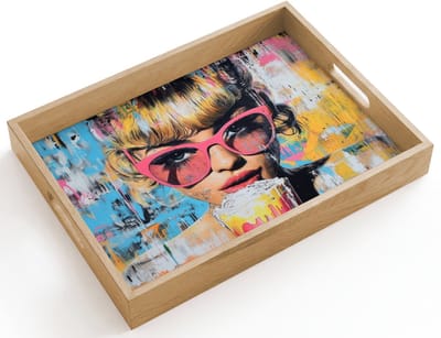 Dienblad hout 40x30 cm - Schootdienblad - Zonnebril - Vrouw - Kleurrijk - Verfspetters - Borrelplank rechthoek - Plateau dienbladen
