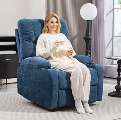 MIVRAY Relaxfauteuil 88 x 96 x 108 cm - Handmatig Verstelbaar Met Ligfunctie, Draaifunctie En Schommelfunctie - Voor Woonkamer - Stof Blauw