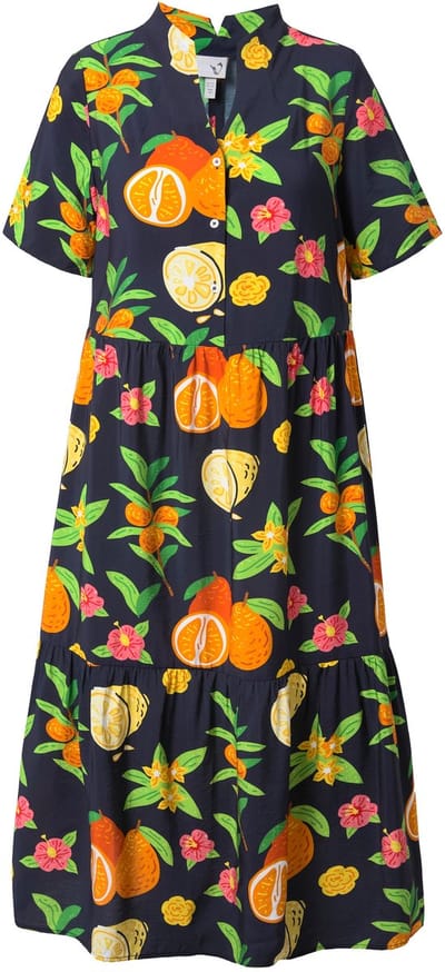Ulla Popken - Dames - Maxi-jurk volantzoom A-lijn gobletkraag halve mouwen - Marine - Maat 46+