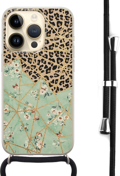 Hoesje met koord - Geschikt voor iPhone 14 Pro - Luipaard bloemen print - Verstelbaar zwart koord - Transparant, Multi - Bloemen - Leuke Telefoonhoesjes