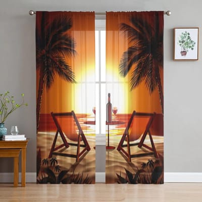 Strand bij Zonsondergang Transparante Raamgordijnen voor Woonkamer Meisjesslaapkamer Tule Gordijnen Keuken Voile Chiffon Gordijnen 135W x 114H(cm) black