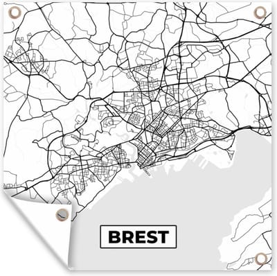 Tuin poster Kaart - Brest - Plattegrond - Frankrijk - Stadskaart - Zwart wit - 200x200 cm - Tuindoek