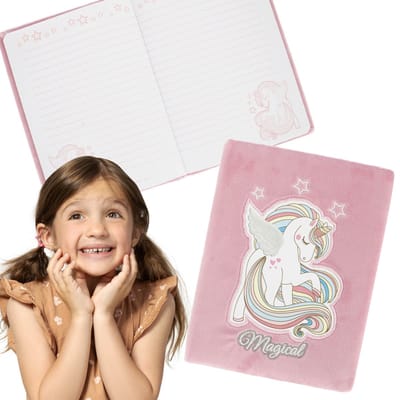 Pluche Eenhoorn agenda/notitieboekje, roze gelinieerd, A5