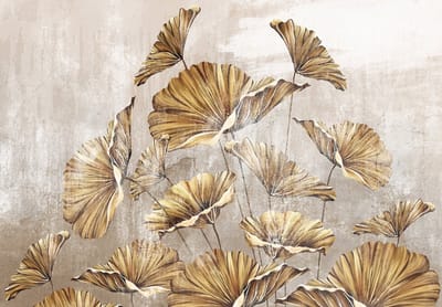 Fotobehang - Bloemen - Planten - Gouden Bladeren - Betonnen Achtergrond - Vliesbehang - 254x184cm (lxb)