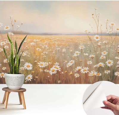 Wallfluent Zelfklevend Behang - Bloemenweide Zelfklevend fotobehang - 208x146 cm - Wit Zelfklevend Behang - Plakklare achterzijde - Voor de slaapkamer, woonkamer en hal Zelfklevend Behang