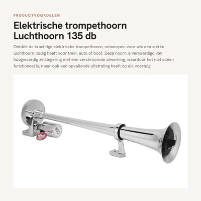 Dailygoods - Elektrische trompethoorn - Luchthoorn 135 db - Verchroomd - 450 mm - Train auto boot - Zinklegering - Krachtige claxon