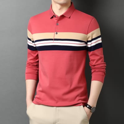 Lente en Herfst Middelbare Leeftijd Mannen T-shirt met Lange Mouwen Papa Herfst Outfit Los Gestreept Revers Poloshirt Dun XL red