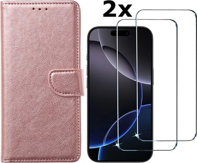 Hoesje Geschikt voor iPhone 16 Pro hoesje bookcase met 2 stuks screenprotectors – Rosegoud