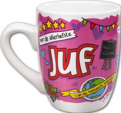 Mok - Snoep - Voor de allerliefste juf - Cartoon - In cadeauverpakking met gekleurd lint