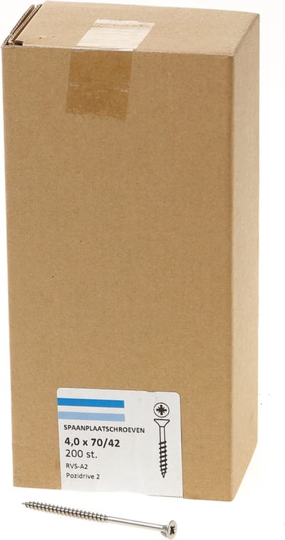Hoenderdaal Spaanplaatschroef RVS platverzonken kop PZ2 deeldraad 4.0X70/42 (per 200 stuks)