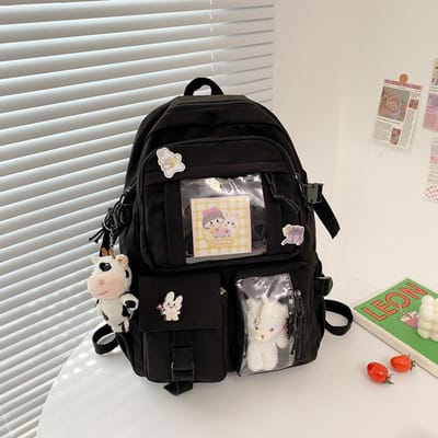 Schattige Cartoon Meisjes Rugzak, Meisjes High-end Schooltas, Instagram Hoge Verschijningsniveau Rugzak, Lichtgewicht Studenten Schooltas plus [badge + bear + card] zwart