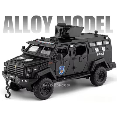 1:32 Dongfeng Mengshi Sabertooth Politiewagen Model Speelgoed Geluid Licht Pull Back Schokabsorptie Gepantserd Voertuig Metalen Speelgoed Voor Kinderen