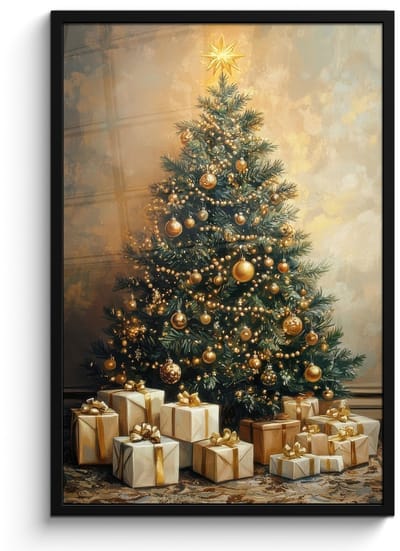 Poster in lijst - Fotolijst 60x90 cm - Posters - Kerstboom - Cadeaus - Goud - Posterlijst zwart - Decoratie - Wanddecoratie woonkamer - Muurdecoratie slaapkamer - Kerstversiering - Kerstdecoratie voor binnen - Kerstmis