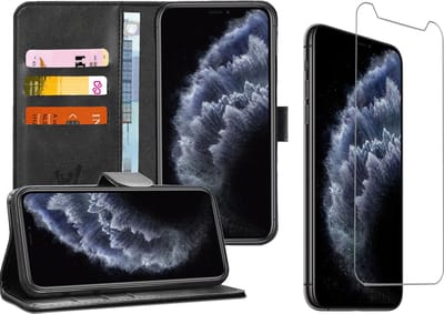 Hoesje geschikt voor iPhone 11 pro max - zwart book cover Kunstleer wallet + Screenprotector glas tempered glass screen protector