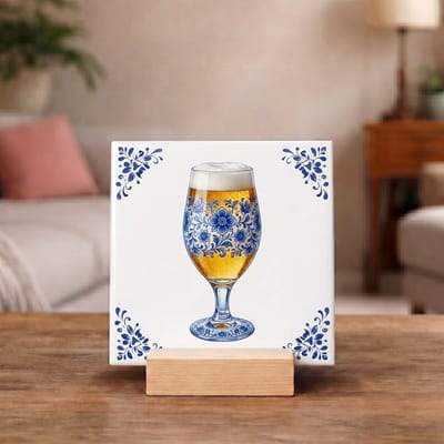 Delftsblauw Tegeltje 11x11 Bierglas met Schuim – Bar Decoratie Cadeau