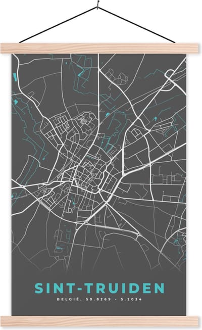 Posterhanger incl. Poster 40x60 cm - Schoolplaat - Plattegrond – Sint Truiden – Blauw – Stadskaart - Kaart - Textielposter - Blanke latten - Stadskaart