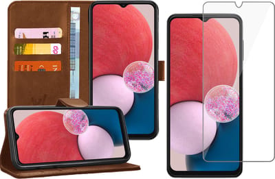 Hoesje geschikt voor Samsung Galaxy A13 4G - Book Case Kunstleer Wallet Cover Portemonnee Pasjeshouder Hoes Bruin - Tempered Glass Screenprotector