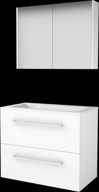 Basic Comfort 46 badmeubelset met spiegelkast, wastafelonderkast met grepen, 2 lades en acryl wastafel zonder kraangaten 80 x 46 cm, ice white