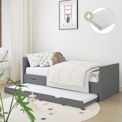 Sunny Eli Kinderbed – Onderschuifbed - Met 3 Opberglades – Kinderbed met Uitschuifbed - 206 x 97 x 75 cm – Peuterbed Meisjes en Jongens – FSC 100% Hout – Met Lattenbodem – Kajuitbed - Inclusief Matras – Grijs
