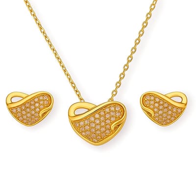 Goudkleurig Hartje Set - Verguld Oorbellen met Hanger set met Zirconia - Zilveren Oorbellen met Hanger - Verguld Echte Zilver 925 - Amona Jewelry