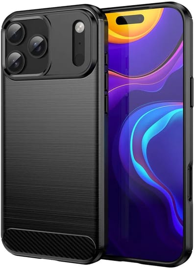 MobyDefend Hoesje - Geschikt voor iPhone 17 Pro Max - TPU Backcover - Geborstelde Metaal & Carbon-Look - Zwart