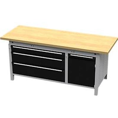Otto Kind brede werkbank type 435, multiplexplaat van beukenhout, met overhang, tot 1400 kg, B 2004 x D 750 x H 850 mm, staal, centrale vergrendeling, blank aluminium/diepzwart