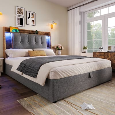 Polsterbed - 90x200 cm - Met USB-C Oplaadfunctie - Opklapbare Opbergruimte - Linnen - Grijs