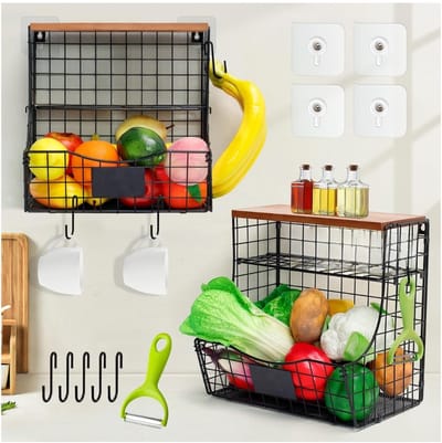 Famanu – Hangende fruitmand set 2 met houten deksel – inclusief dunschiller en 5 haken