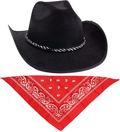 Funny Fashion - Carnaval verkleed set cowboyhoed zwart met rode hals zakdoek