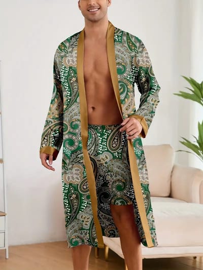 ochtendjas badjas pyjama satijn heren nachtkleding groen goedkoop huispak comfort mannen glans reverkraag knopen elastisch lange mouwen lange broek