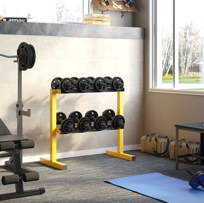 MEUNIQ Hantelstandaard 2-laags voor halters, stalen halterrek tot 270 kg, 92,5 x 50,5 x 80,5 cm, compacte dumbbell opberging voor homegym, geel