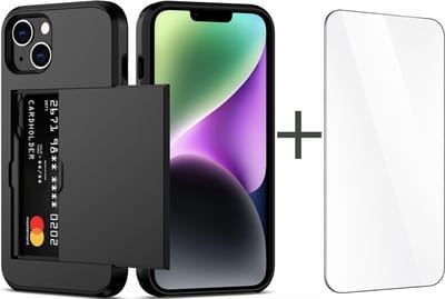 YPCd Hardcase Pasjeshouder Hoesje – Geschikt voor Apple iPhone 15 – Shockproof Backcover met Verborgen Kaartvak – Inclusief Glazen Screenprotector - Zwart