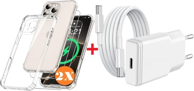 USB C Adapter oplader - USB C Snellader 20W Met 1m Kabel - Hoesje Geschikt voor iPhone 16 Pro Max hoesje transparant Anti Shock silicone met 2x screenprotector- Ntech COMBI-SET