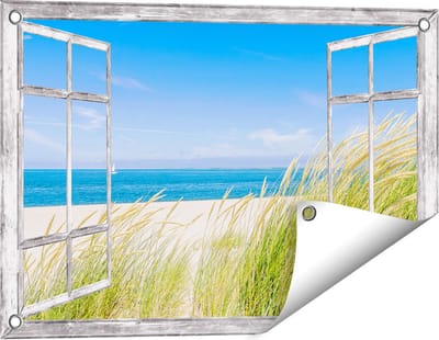 Gards Tuinposter Doorkijk Strand en Zee met een Zeilboot - 60x40 cm - Tuindoek - Tuindecoratie - Wanddecoratie buiten - Tuinschilderij