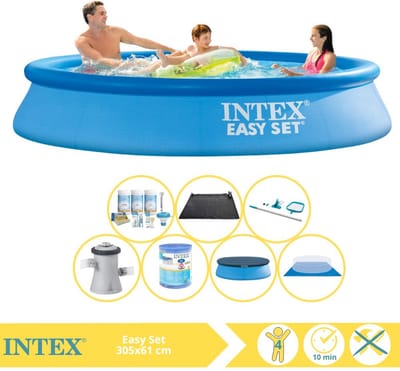 Intex Rond Opblaasbaar Easy Set Zwembad - 305 x 61 cm - Blauw - Inclusief Pomp - Afdekzeil - Onderhoudspakket - Filter - Grondzeil - Schoonmaakset - Solar Mat - 8-delig